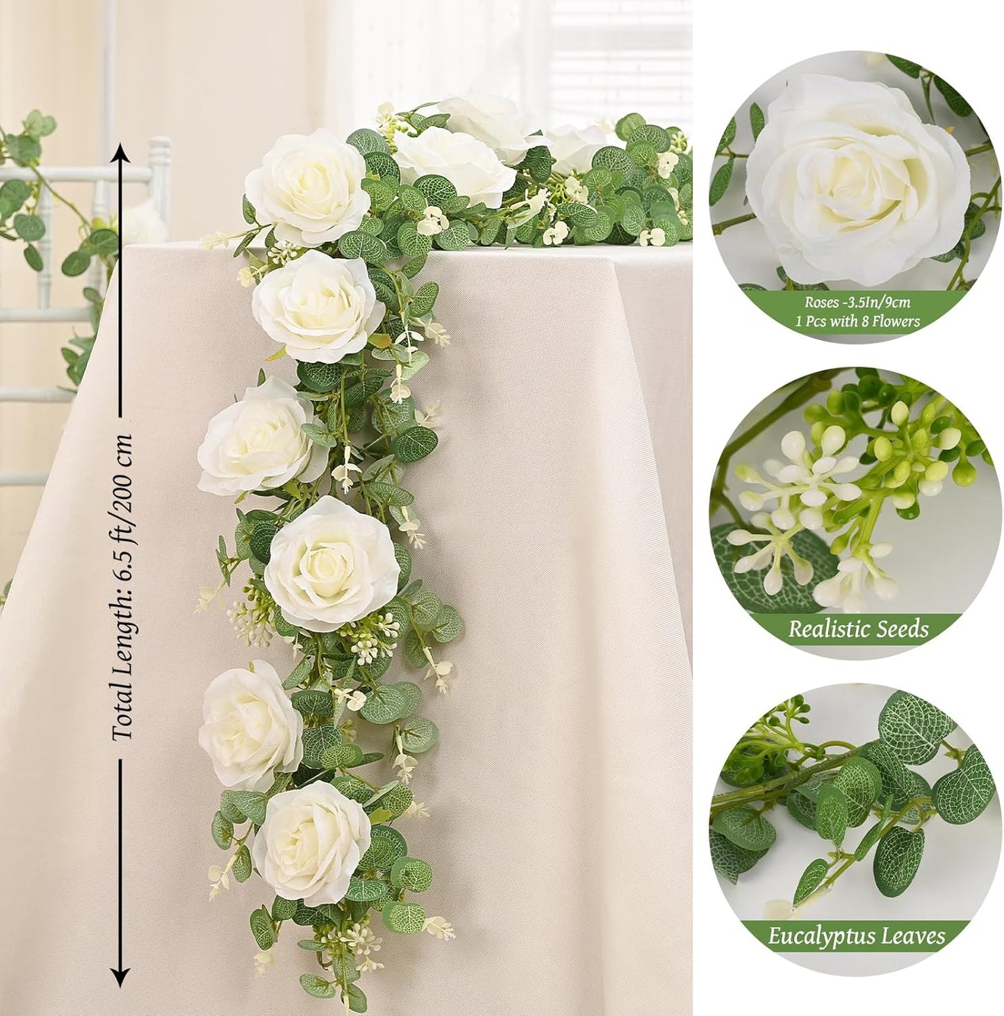Dolicer 4Pcs 26Ft Artificial Eucalyptus Garlands with Flowers - 8 Roses, Faux Floral Greenery Garlands Fake Flowers Vines for Wedding Table Centerpieces Arch Party Ceremony Backdrop Decor (White)