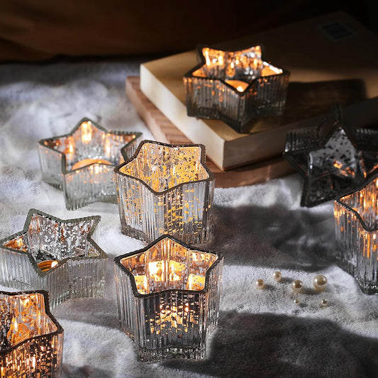 Letine 10pcs Silver Ribbed Star Candle Cups - Assorted Height Tea Light Holders, Votive Candle Holders forWedding, Fall Table Centerpiece, Mercury Glass Lucky Star Jar Decor(Tall 2.44", Short 1.57")