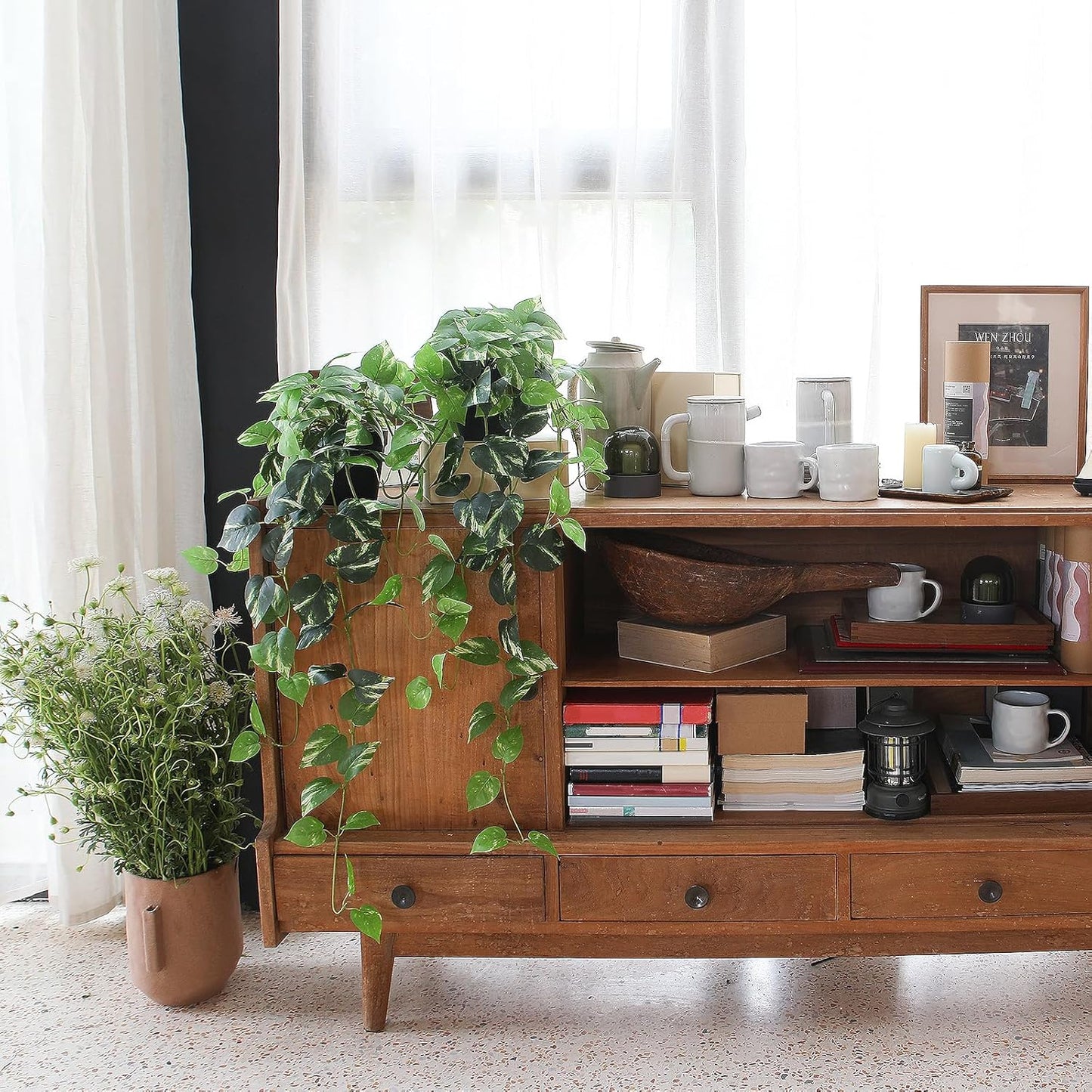 Fake Pothos Hanging Plants - 33" Set of 2 Artificial Silk Ivy Vines with Pots, Realistic Faux Greenery for Indoor Home Decor, Low Maintenance Hanging Plant Decoration (Golden Green)