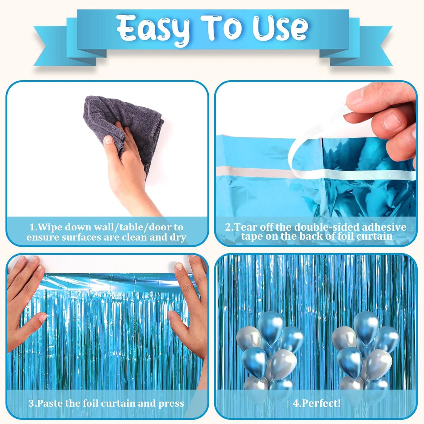 2 Pack Retro Blue Foil Fringe Backdrop Curtains, Tinsel Streamers Party Decorations, Fringe Backdrop, Door Shimmer for Retro Theme Party