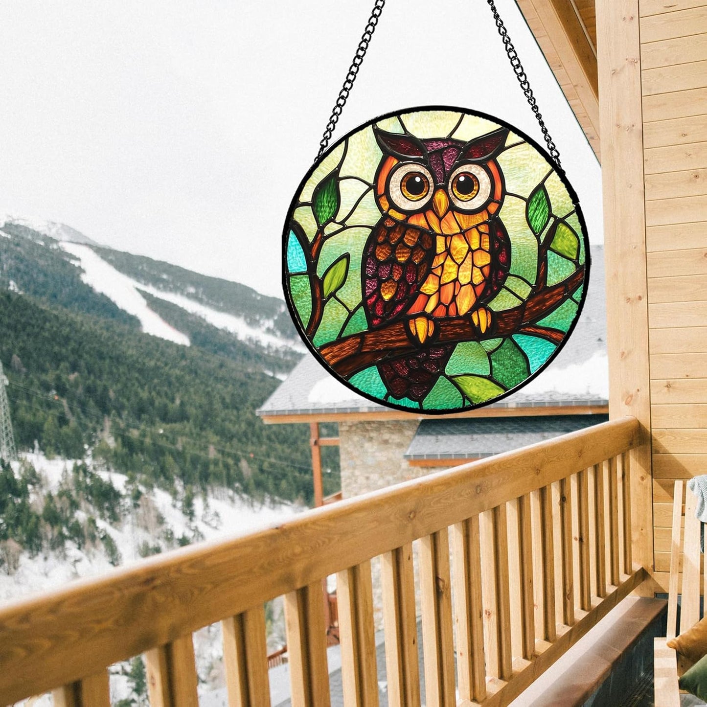 Stained Glass Window Hanging - Owl on a Branch Suncatcher for Doors Window Home Orange Brown Sun Catchers Decor Christmas Mother's Day Birthday Gifts for Teacher Women Men Mom Nana 15 in