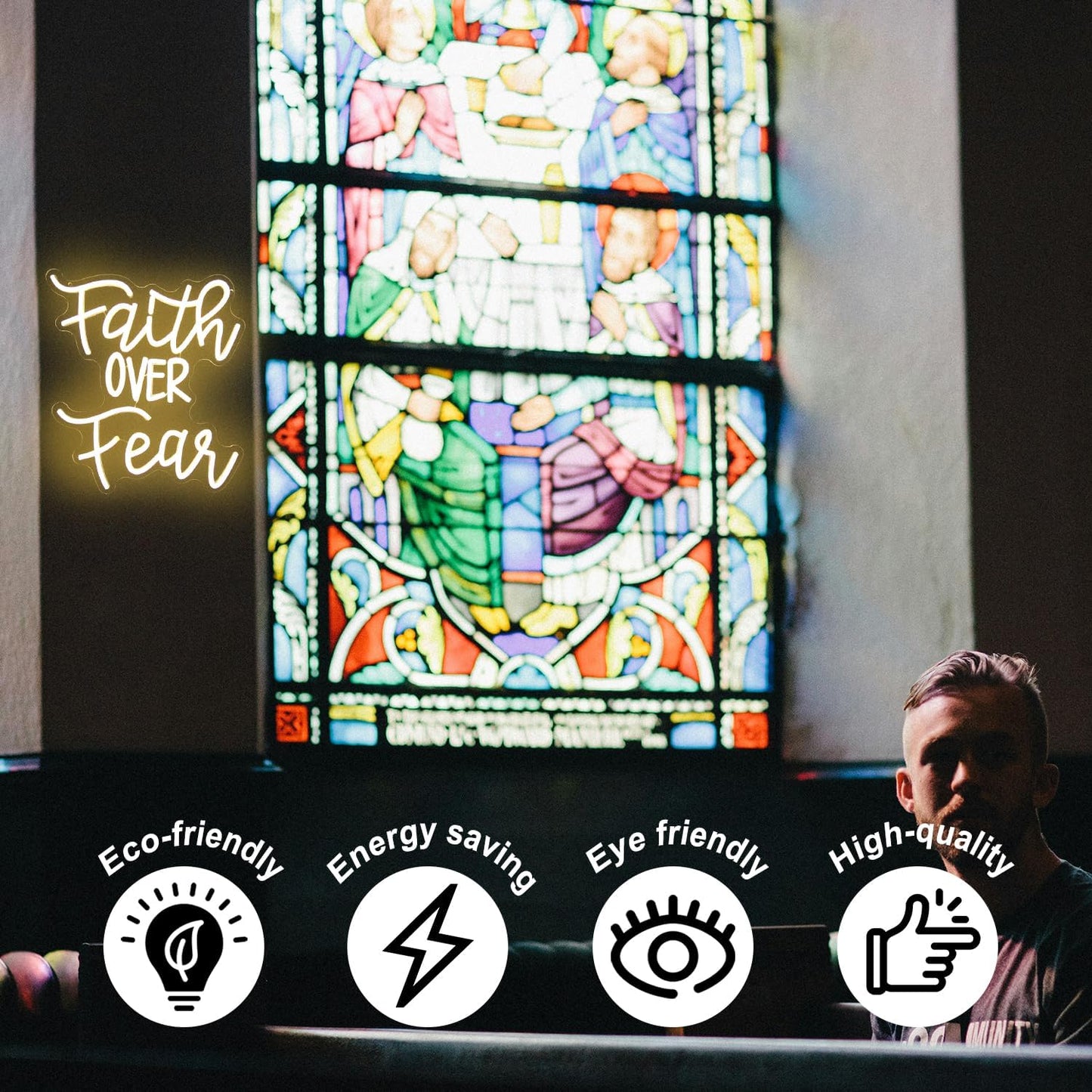Faith Over Fear Neon Sign Jesus Neon Light Christian LED Signs for Wall Dimmable Warm White Letters Neon Lights Signs for Bedroom Man Cave Classroom Church Decor Christian Religious Sayings