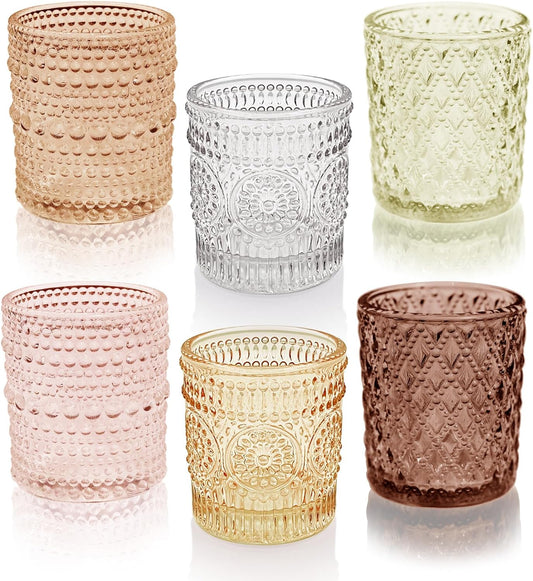 12 pcs Glass Votive Candle Holders, 6 Colors 3 Patterns Tealight Candle Holders for Fall Wedding Table Centerpiece Birthday Decoration