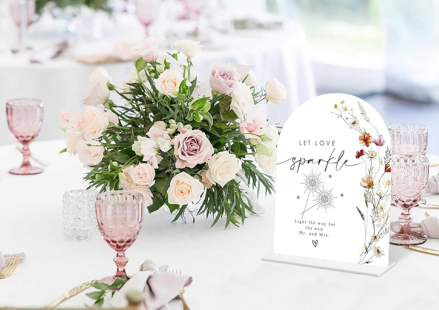 Boho Floral Let Love Sparkle Sign, 6 x 8 Inch White Arch Acrylic Wedding Sign with Holder, Wedding Sign for Ceremony and Reception, Wedding Decoration, Wedding Supplies - BX31