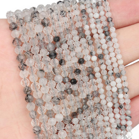 Song Xi 90pcs 4mm Natural Black Rutilated Quartz Gemstone Beads Faceted Round Loose Stone Beads for Jewelry Making