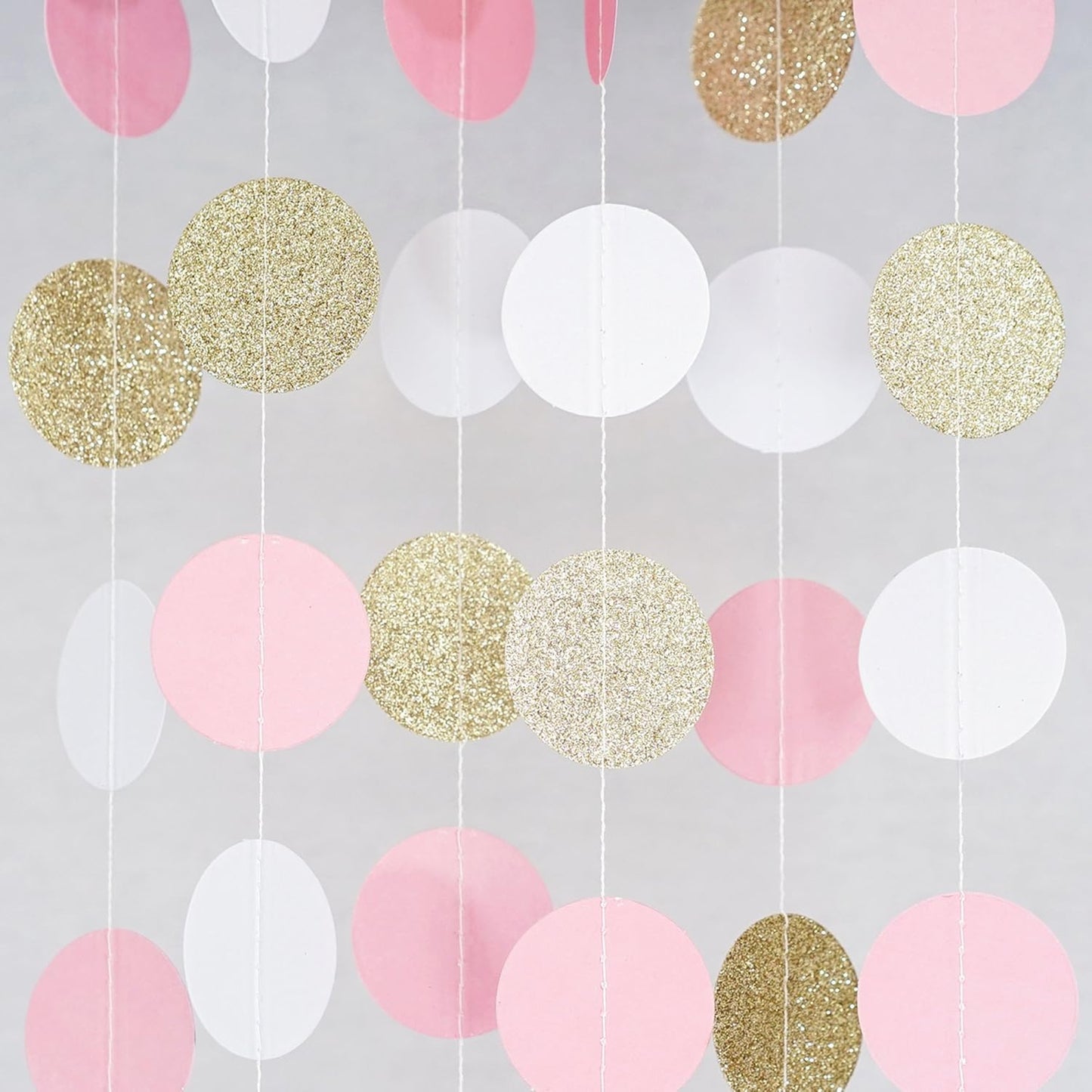 Chloe Elizabeth Circle Dots Paper Party Garland Streamer Backdrop (10 Feet Long) - Pink, White, Gold Glitter
