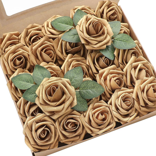 Floroom Artificial Flowers 25pcs Real Looking Antique Gold Foam Fake Roses with Stems for DIY Wedding Bouquets Bridal Shower Centerpieces Floral Arrangements Party Tables Home Decorations