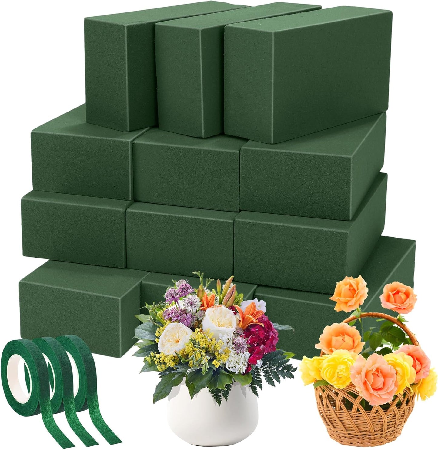 Aneco 12 Pieces Floral Foam Blocks with 3 Rolls Floral Tape 5.5''L x 3.1''W x 1.8''H Green Square Flower Foams Flower Arrangements Supplies for Dry & Wet Flower Wedding Home Decor and DIY Crafts
