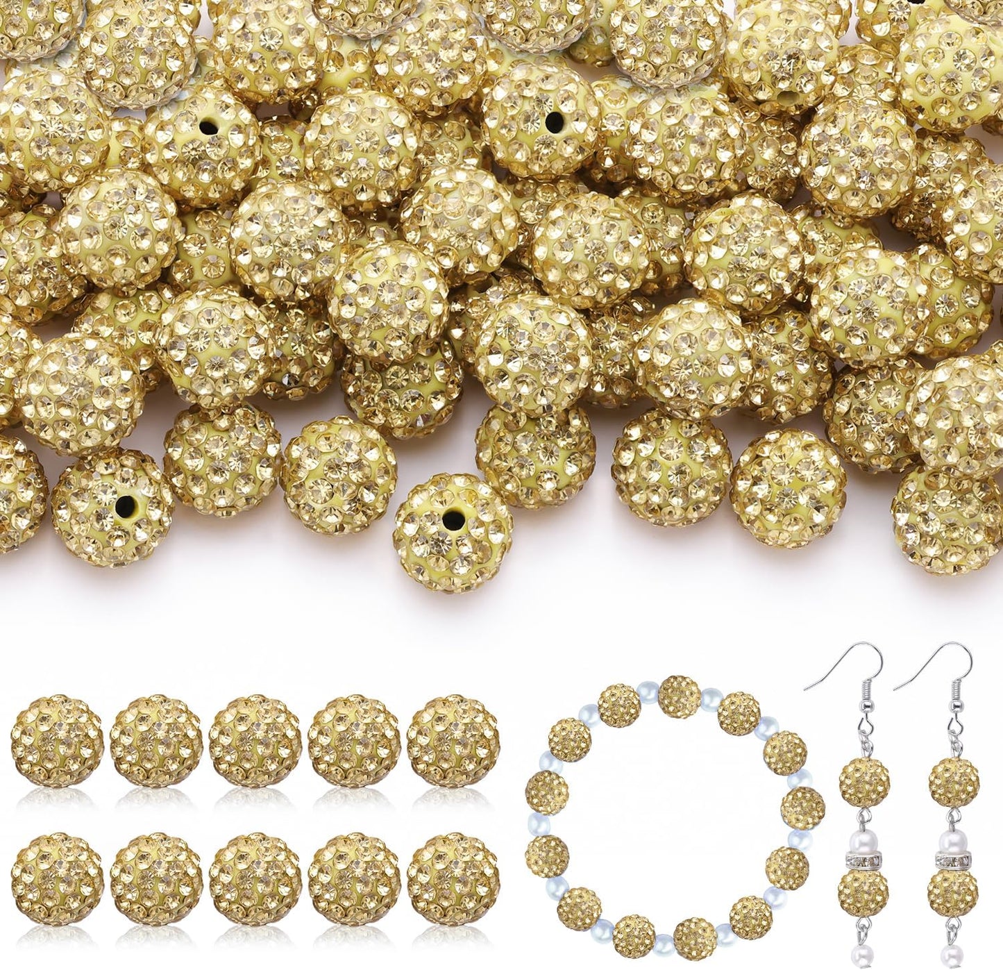 200pcs 10mm Rhinestone Beads for Jewelry Making, Light Yellow Shiny Round Disco Beads Bulk, Sparkle Crystal Clay Christmas for Bracelet Baseball Necklace Earring Crafting and DIY