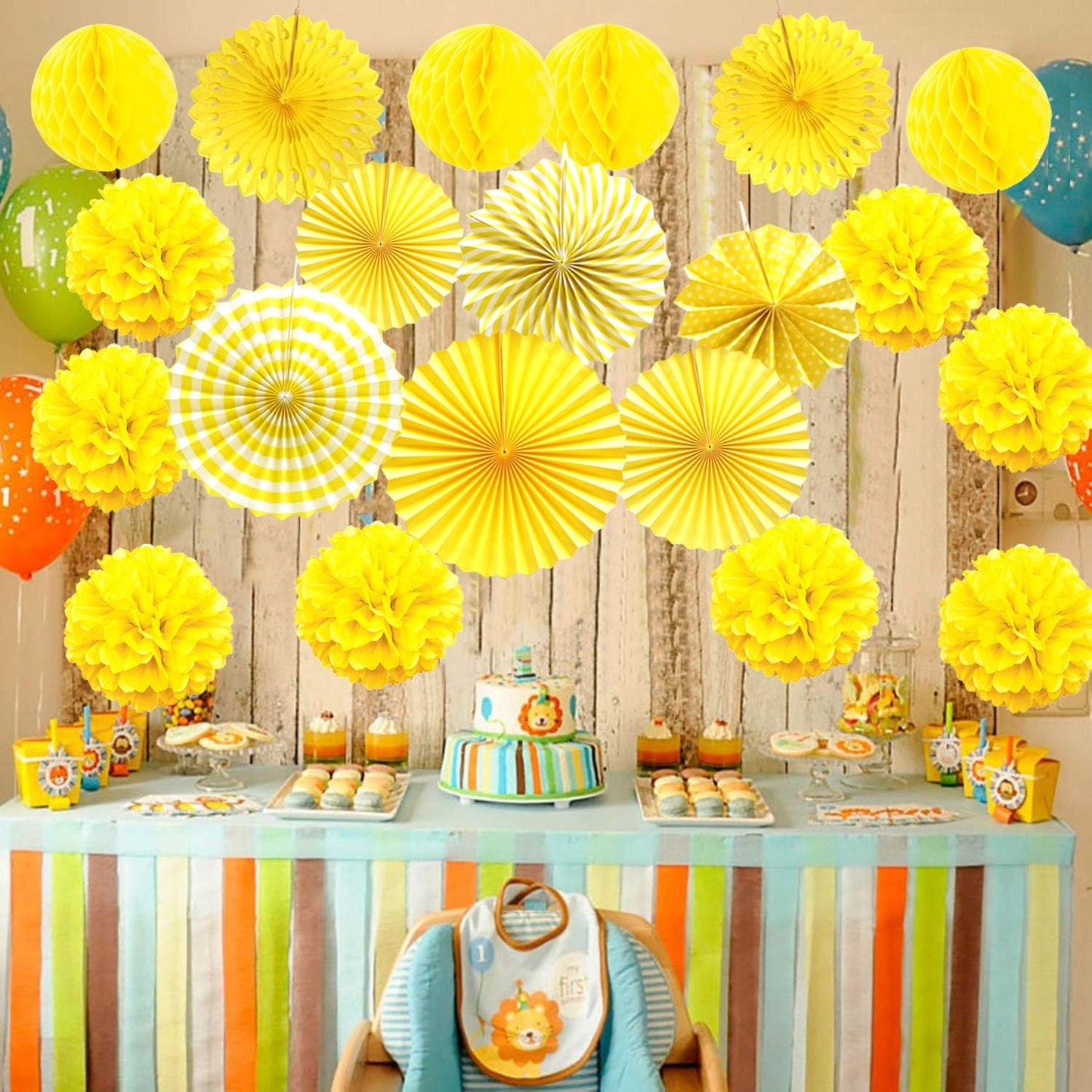 Hanging Paper Fan Set, Tissue Paper Pom Poms Flower Fan and Honeycomb Balls for Birthday Baby Shower Wedding Festival Decorations - Yellow