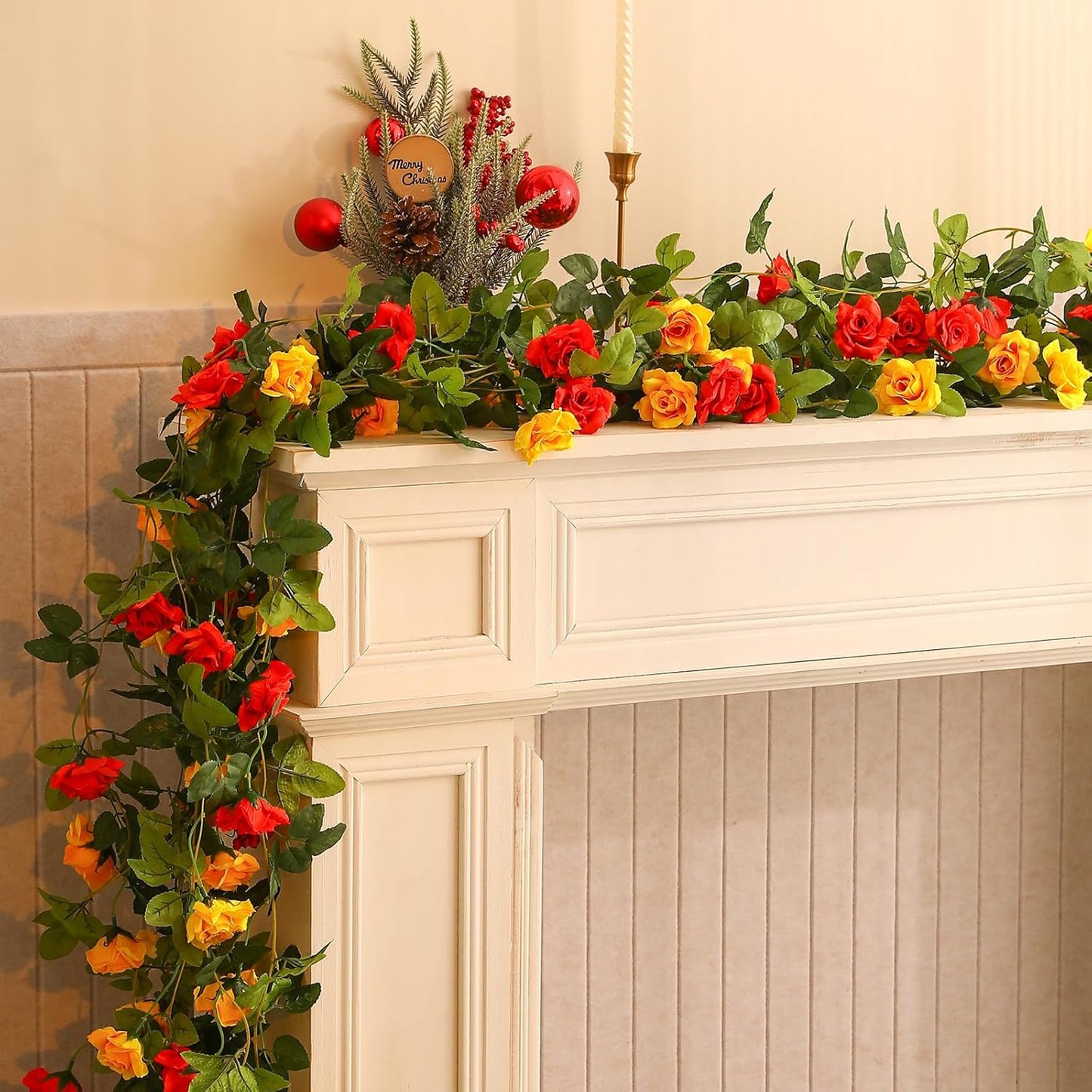 Floweroyal 4 Pack Artificial Flower Garlands 15.8FT Fake Rose Vines Silk Flowers Hanging Rose Ivy for Wedding Arch Party Home Garden Wall Decor (Orange Yellow)