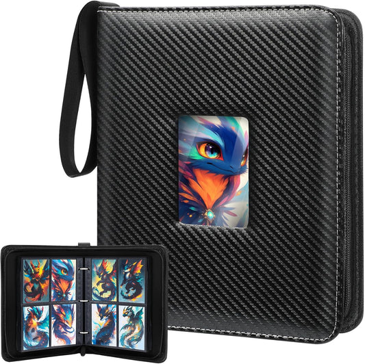 Trading Card Binder 4 Pocket with Display Window, 400 Cards Capacity Card Binder, Waterproof PU Leather Photocard Baseball Card Binder for MTG, TCG, Sports Cards, Black w/Clear Display Window