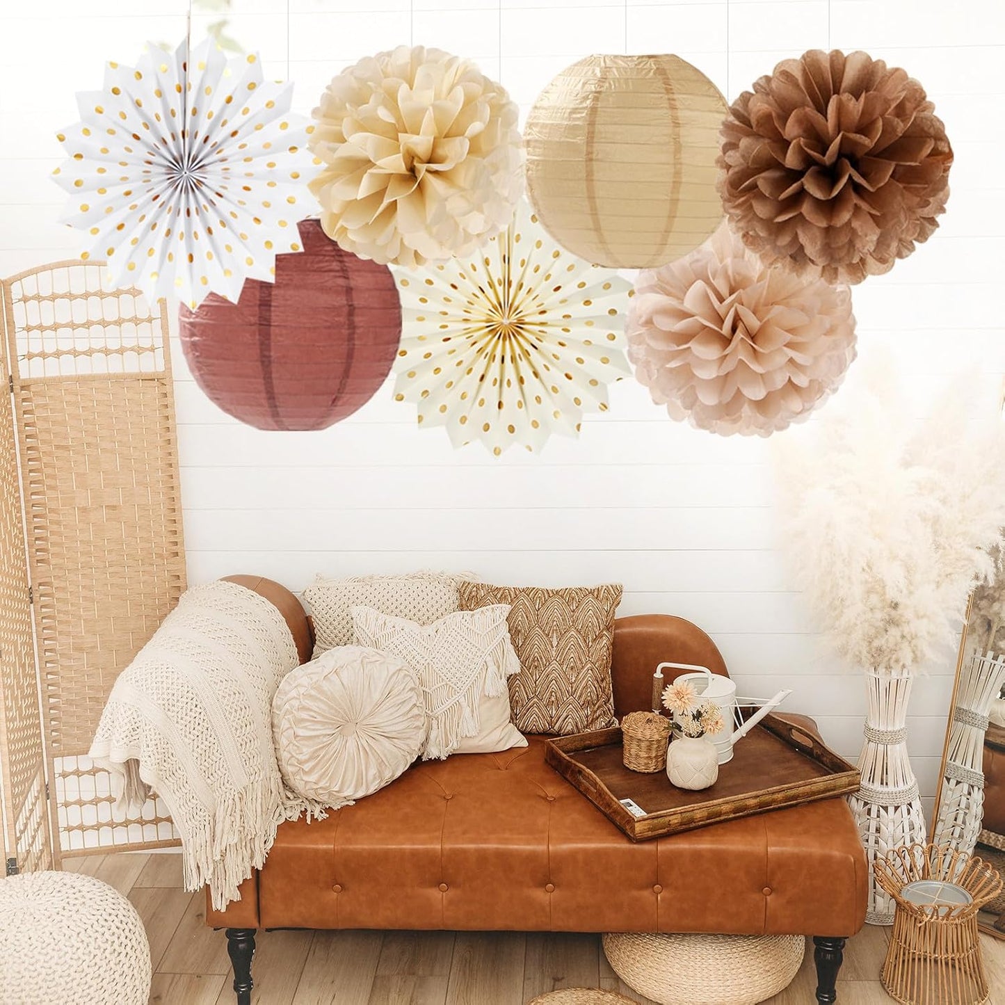 Boho Baby-Shower White-Brown Champagne Party-Decorations - 20pcs Neutral Rustic Paper Lanterns Fans,Tissue Pom Poms,Honeycomb Balls,Bunting,Birthday Wedding Bridal Christmas Fall Autumn Decor Burgleda