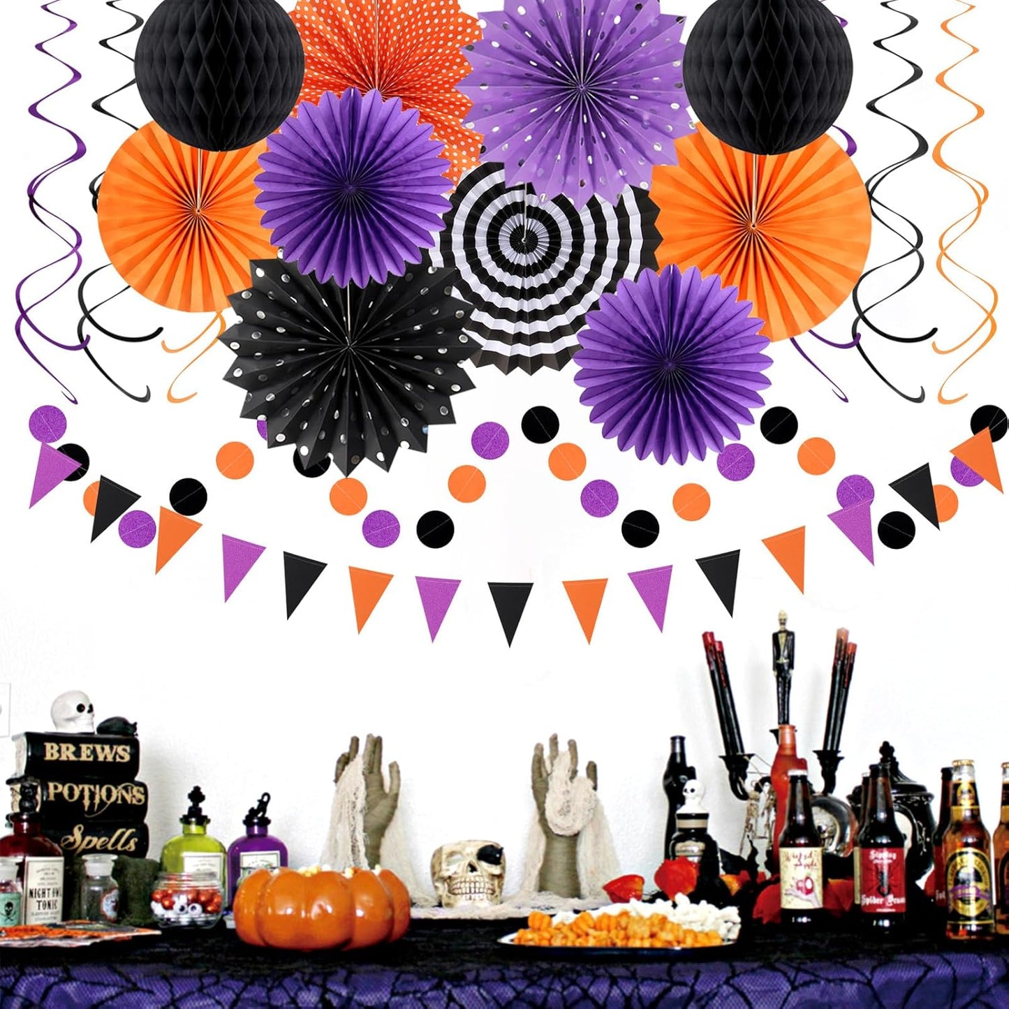 Orange Black Purple Halloween Party-Decorations - 33Pcs Banner,Streamers Tassel Garland,Tissue Pom Poms Honeycomb,Paper Lantern Fan,Birthday Wedding Baby Bridal Shower Decor Hugtmr