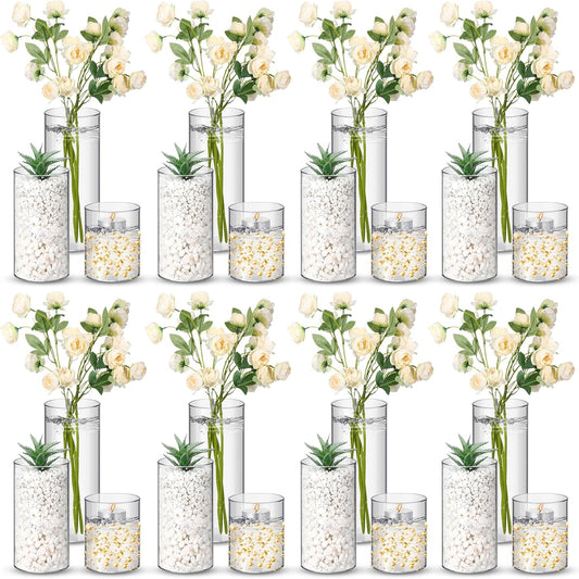 Nuogo 24 Pcs Plastic Cylinder Vases Tall Clear Flower Vases for Centerpieces Hurricane Candle Holder for Home Wedding Office Party Formal Dinners Decorations (4''/6''/8'')