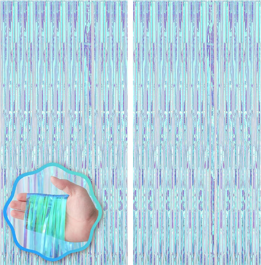 2 Pack 3.3x8.2 Feet Neon Iridescent Foil Fringe Backdrop Curtains, Tinsel Streamers Birthday Party Decorations, Fringe Backdrop for Graduation, Baby Shower, Gender Reveal, Disco Party