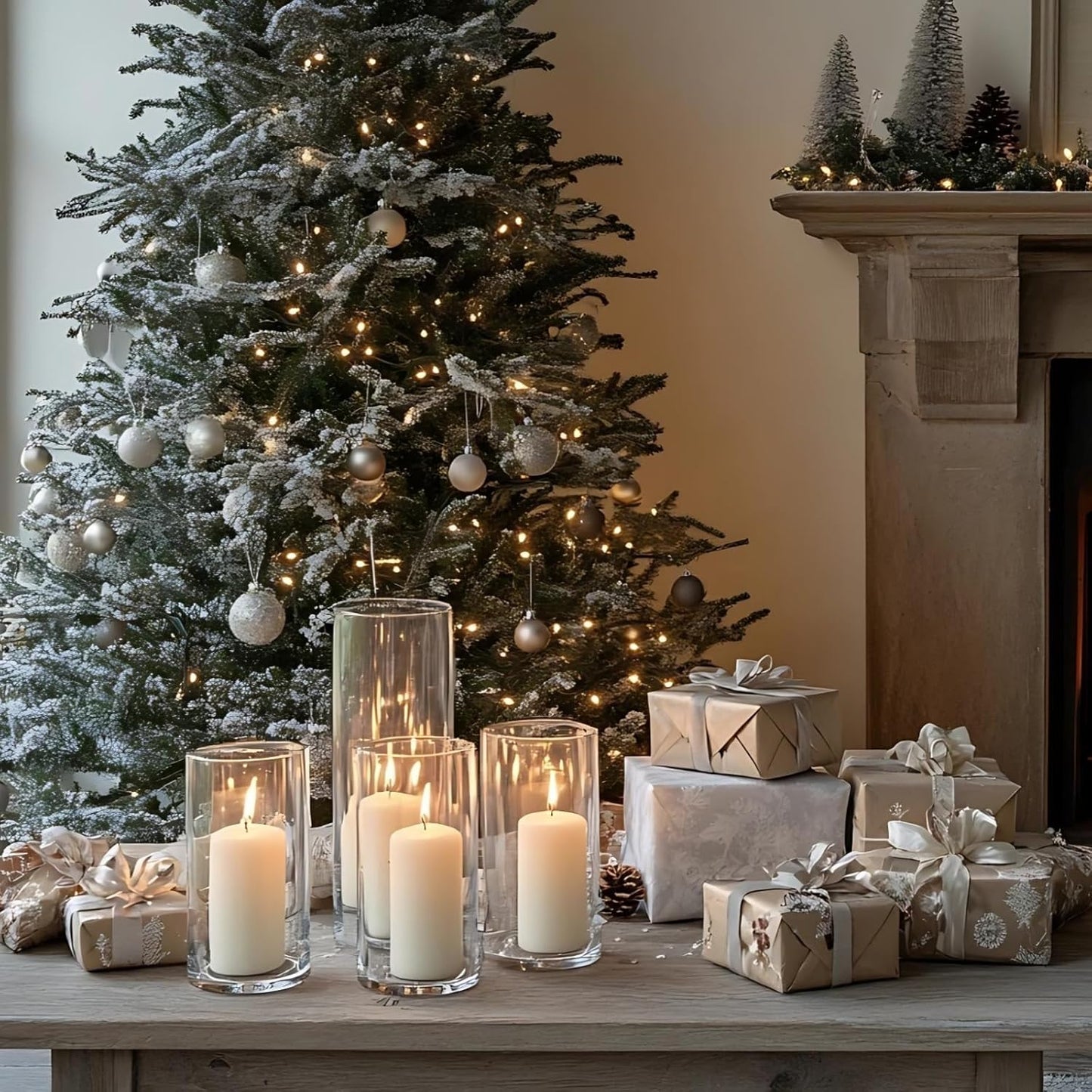 24 Pcs White Pillar Candles with Glass Candle Holder Hurricane Glass Candle Holders Clear Cylinder Vases for Centerpieces Wedding Office Party Home Table Decor