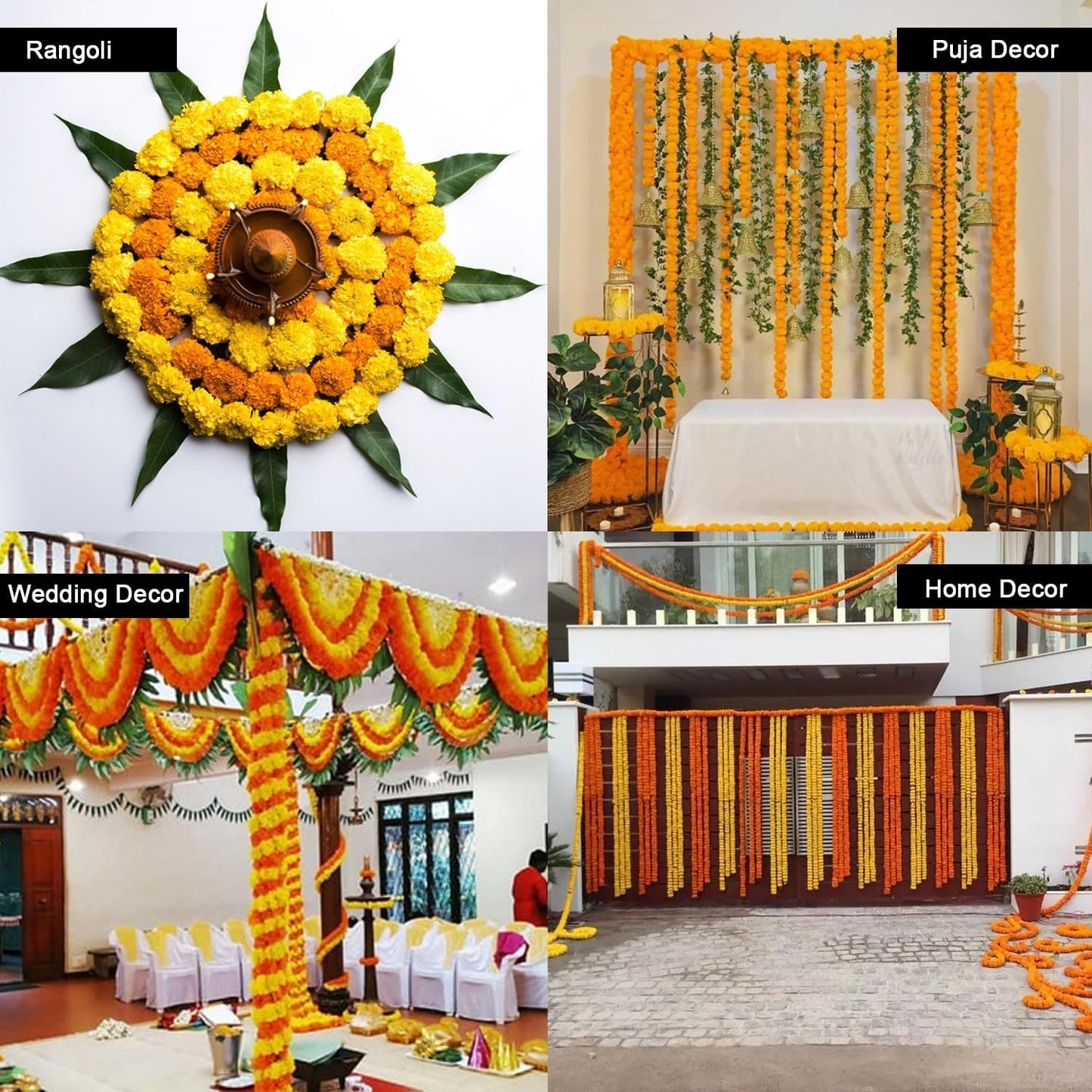 Marigold Garlands for Decorations - Wedding, Halloween, Day of The Dead Pack of 5 - Indian Decor for Pooja, Flower Garland for Decoration (4 to 4.5 Ft) Hashcart®
