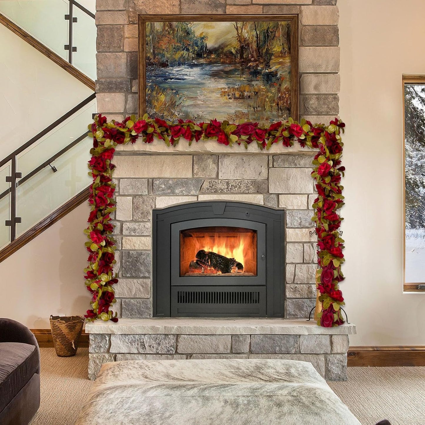 16Pcs 126Ft Burgundy Rose Garland, Fake Rose Hanging Flowers, Artificial Flower Vine, Hanging Floral Vine Garland for Wedding, Birthday Party, Wall Arch, Halloween, Christmas Garden Backdrop Decor