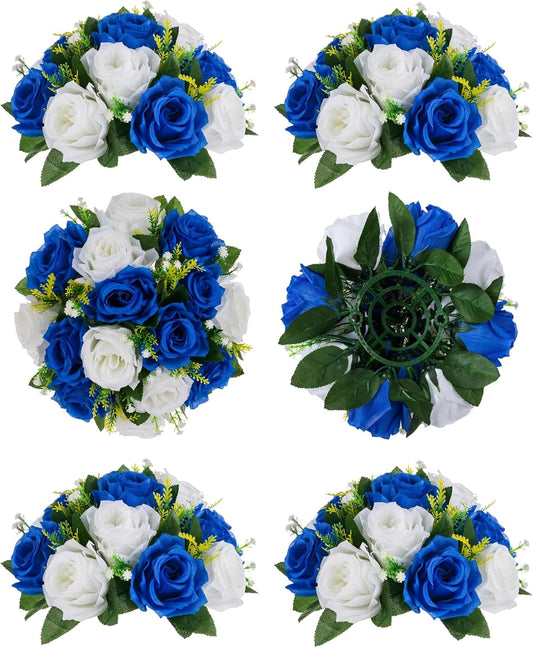 BLOSMON Royal Blue Artificial Flowers: 6 Pcs Fake Roses Flower Ball Centerpieces for Wedding Dinning Table - Faux Silk Kissing Bouquet Floral Arrangement for Home Party Event Decor