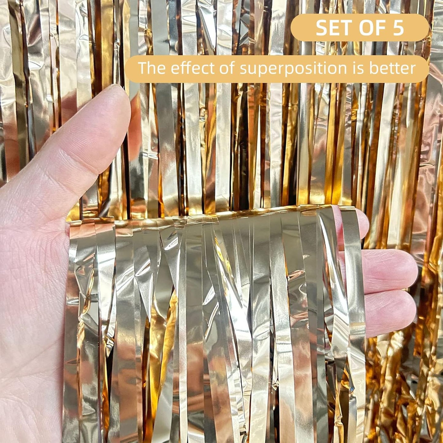 5 Pack Champagne Gold Fringe Curtains (3.2ft x 8.2ft) for Birthday, Wedding, Christmas Decoration