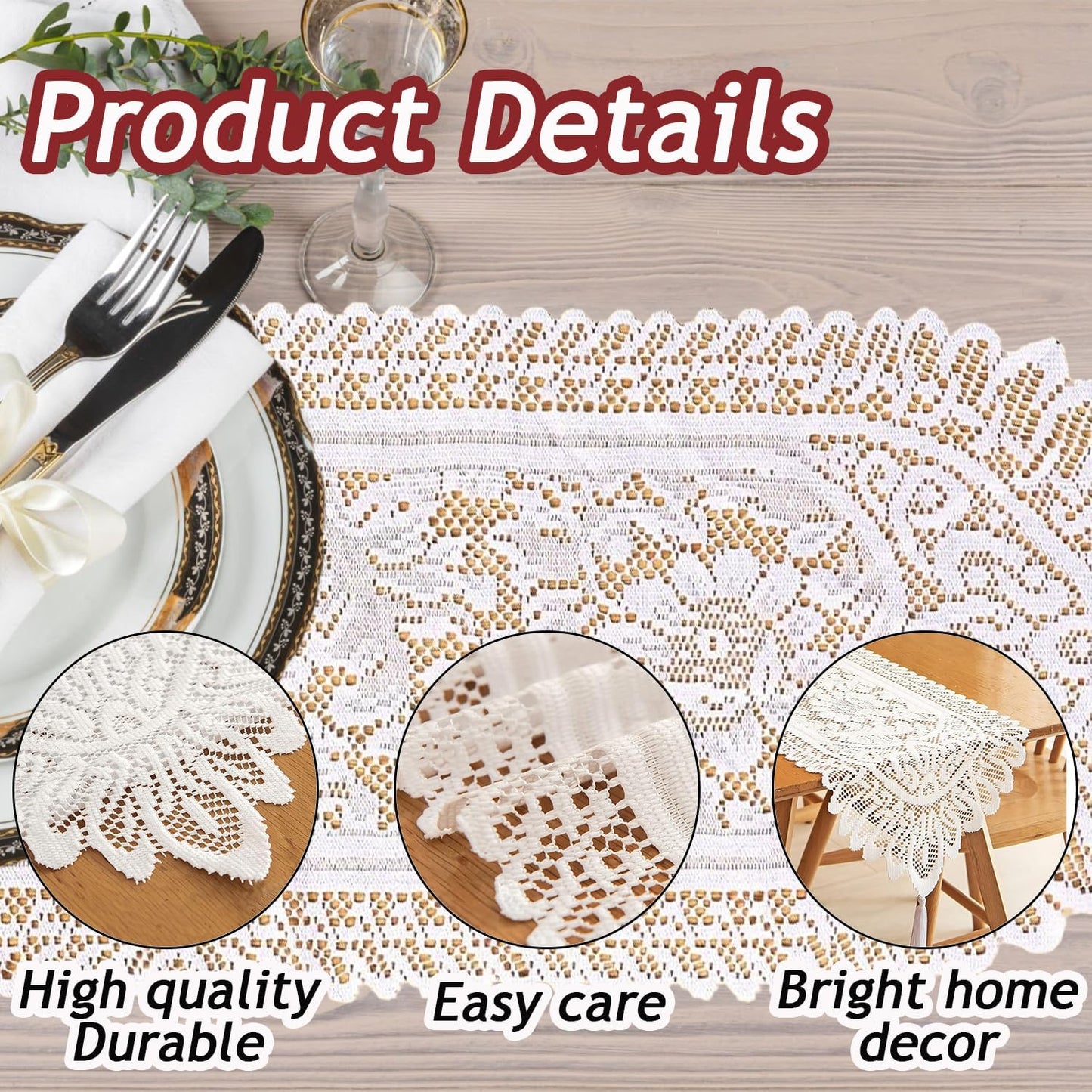 Tinsow 2 Pack Cotton Crochet Lace Rectangular Table Runner Dresser Scarf Doilies (White Style, 13" X 44")