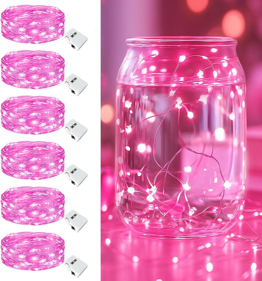 6 Pack Fairy Lights Battery Operated - 7ft 20 Led Twinkle Lights 3 Modes, Bulk Mini String Lights Waterproof for Mason Jars Vases DIY Party Wedding Decoration Christmas - Pink