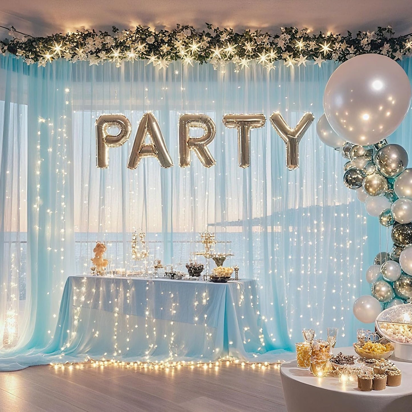 10×8ft Tulle Backdrop Curtains with Lights String - 300LED Fairy Lights Sheer Curtain Backdrop for Weddings Baby Shower and Birthday Party Decorations(8 Panels 5×8ft)