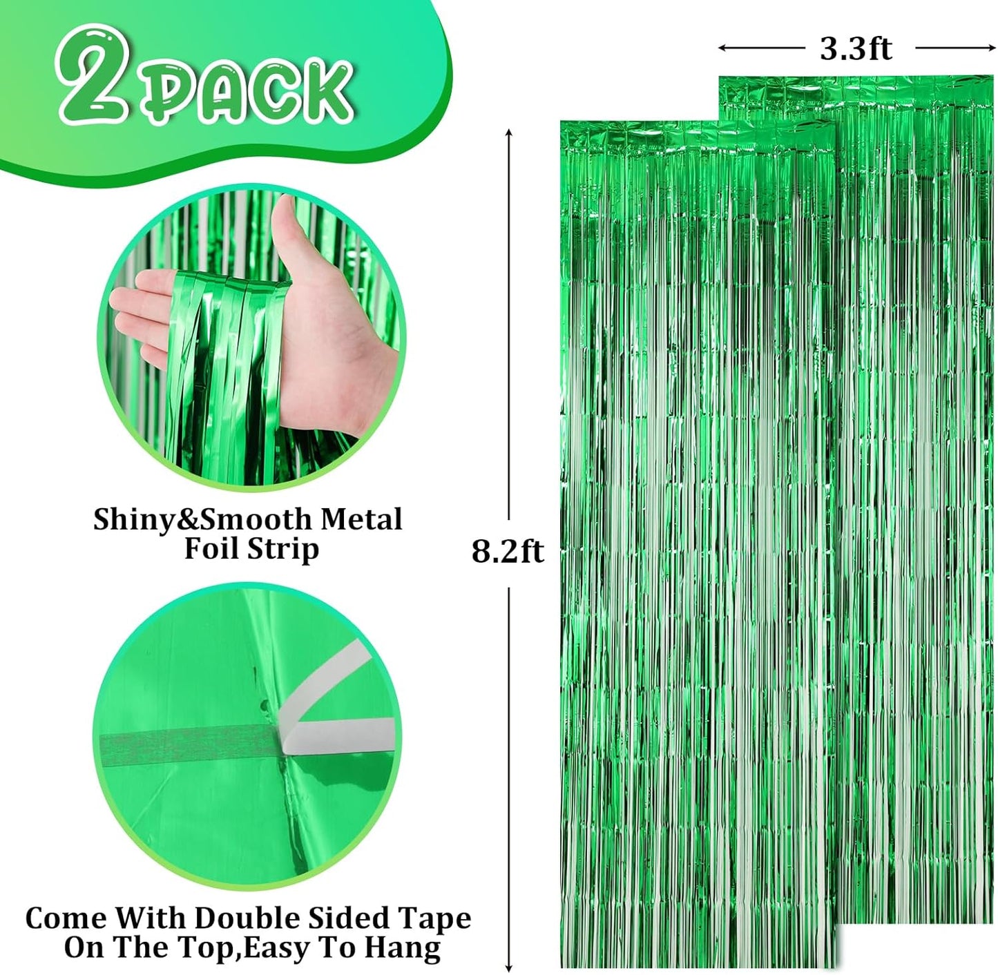 2 Pack Green Foil Fringe Backdrop Curtains, Tinsel Streamers Birthday Party Decorations, Fringe Backdrop for Graduation, Baby Shower, Gender Reveal, Disco Party