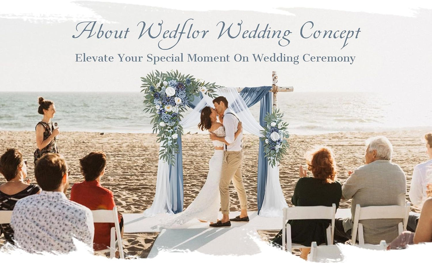 Wedding Arch Flowers with Drapes Kit (Pack of 4) - 2pcs Artificial Dusty Blue Deluxe Swag with 2pcs Sheer Drapes for Wedding Ceremony Arbor Reception Backdrop Rose Floral Decoration