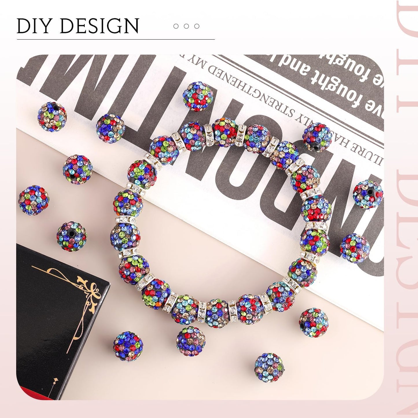 150pcs 10mm Rhinestone Beads for Jewelry Making, Black Mixed Shiny Round Shamballa Disco Beads Bulk, Sparkle Crystal Clay Christmas for Bracelet Baseball Necklace Earring Crafting and DIY