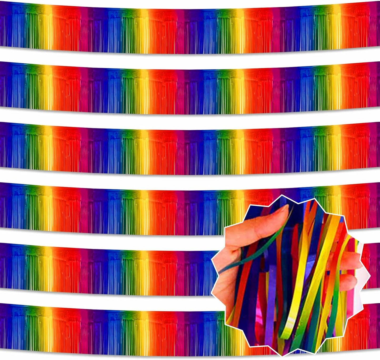 6 Pack 10 Ft Dark Rainbow Foil Fringe Garland Metallic Streamers Tinsel Banner Wall Hanging Garland Backdrop for Parade Floats, Halloween, Christmas, Thanksgiving, New Year Party Decorations