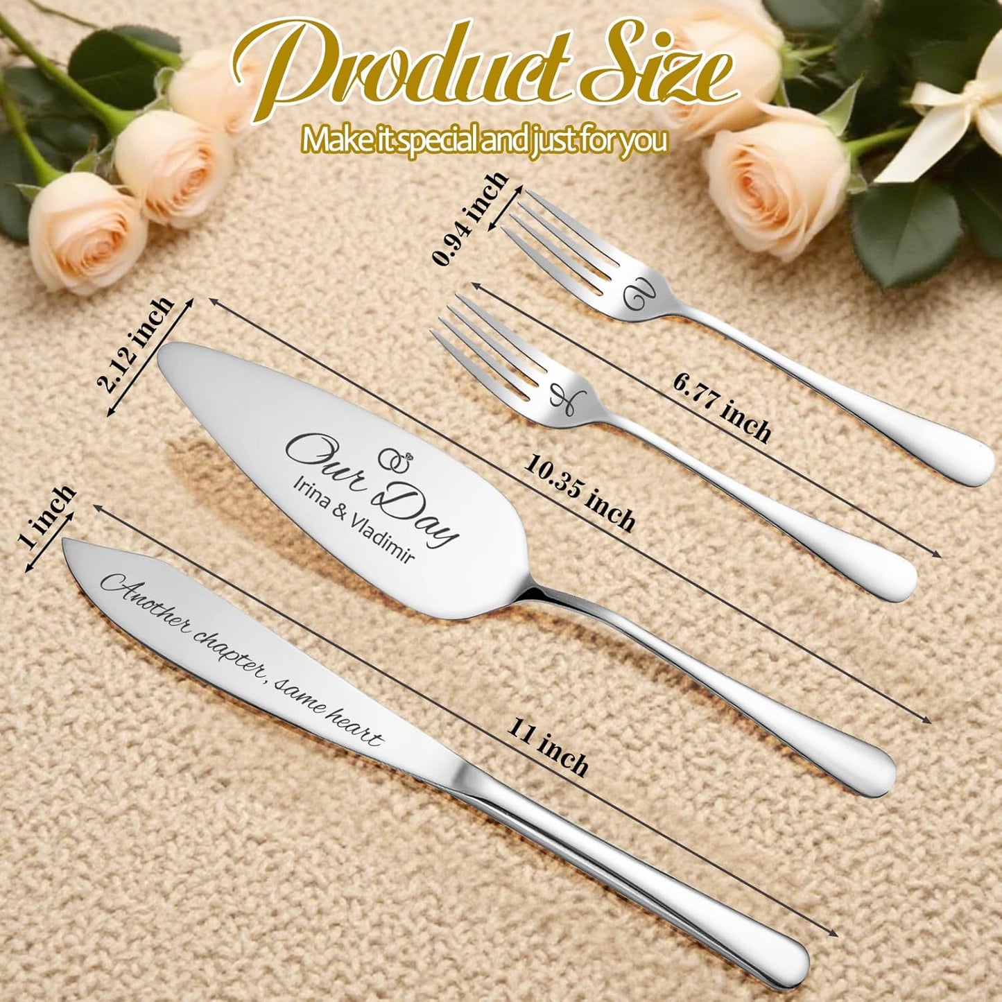 Personalized 4 Piece Wedding Cake Cutting Set, Custom Names Cake Knife and Server set with Forks, Anniversary Birthday Bridal Wedding Registry Gifts (Silver)