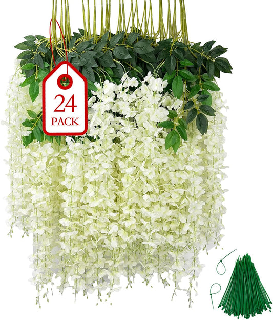 24 Pcs of Wisteria Hanging Flowers, 3.75 Feet Fake Wisteria Flower Strings, Artificial Wisteria Flowers Hanging Garland for Backdrop, Wedding, Ceremony,Garden and Home Wall Decoration (White)