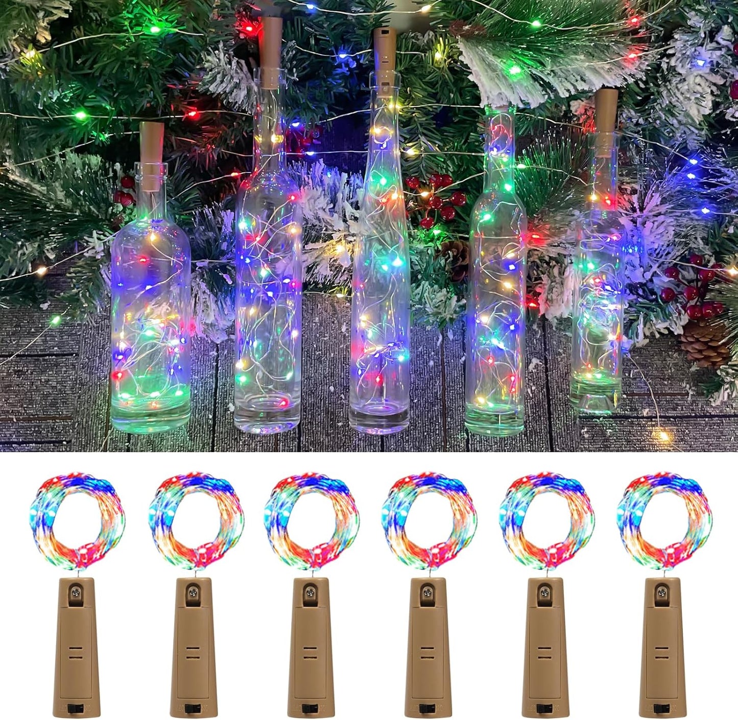 Dual Battery Pack LED Bottle Lights, 6.6ft 20led Double The Lighting Time, for Indoor and Outdoor use, for Christmas,(6 Pack, Multicolour（Dual Battery Pack）)