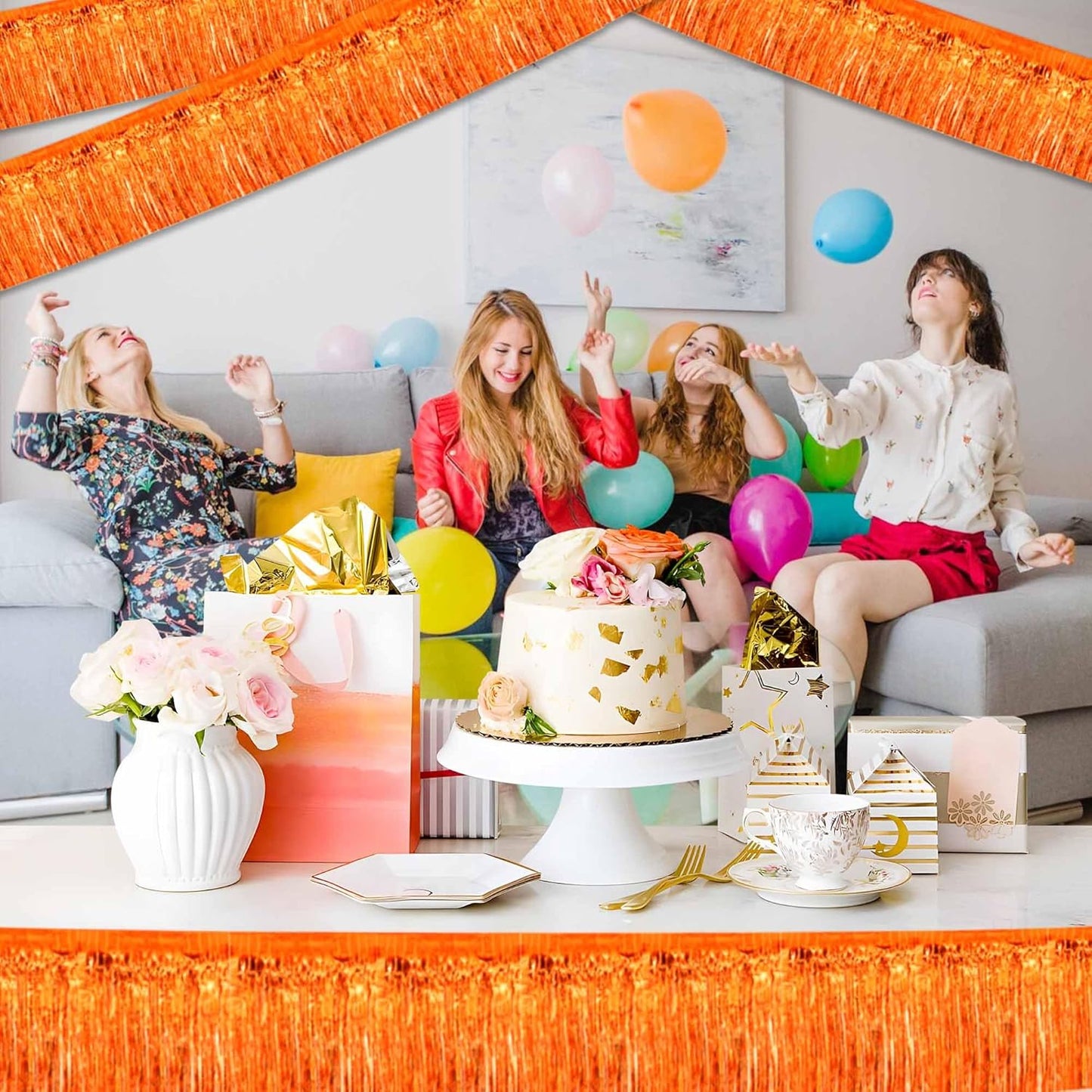 4 Pack 10 Ft Orange Foil Fringe Garland Metallic Streamers Tinsel Banner Wall Hanging Garland Backdrop for Parade Floats, Halloween, Christmas, Thanksgiving, New Year Party Decorations