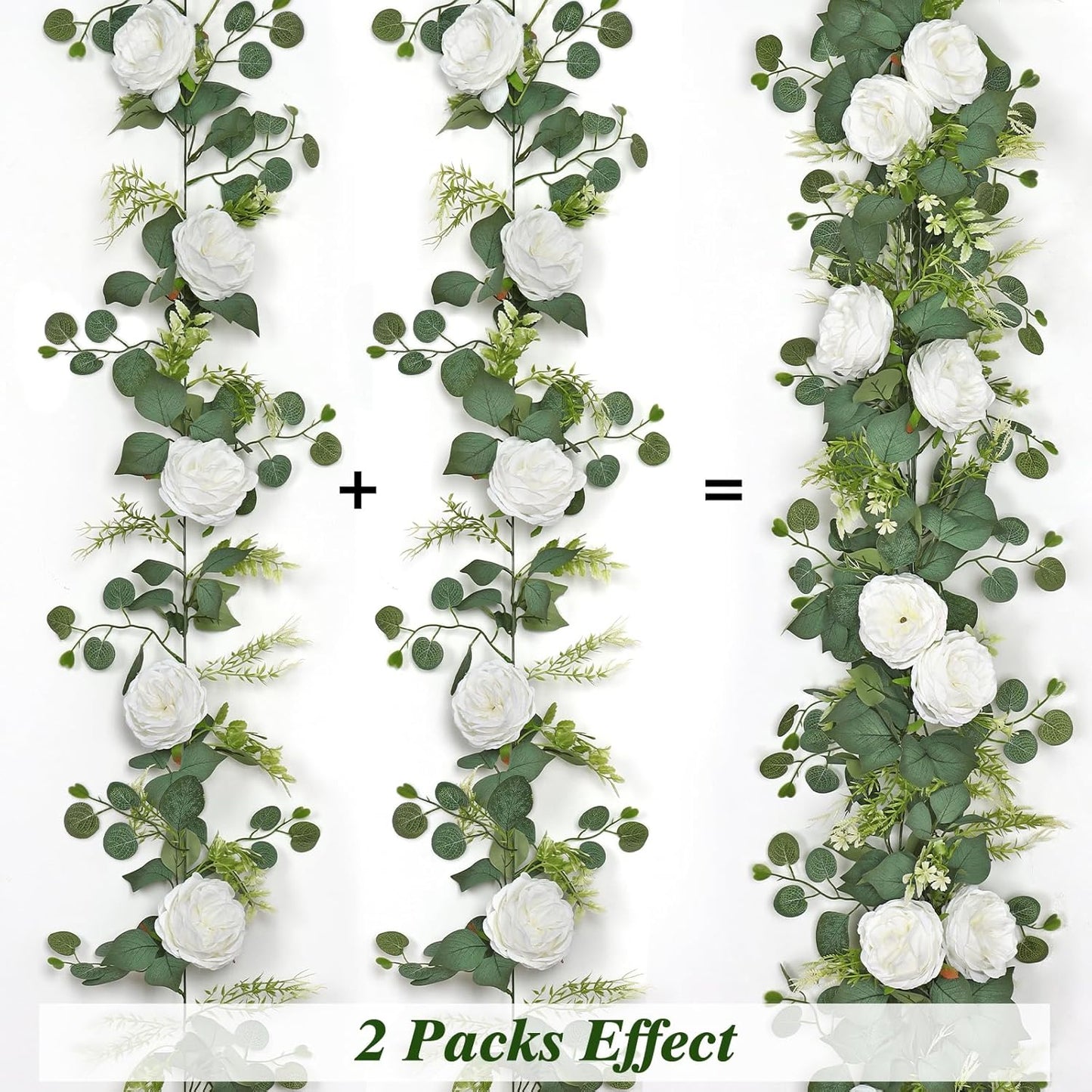 2PCS Artificial Eucalyptus Flowers Garland with White Roses 6.23FT Floral Garland Fake Peony Rose Vines Decorative Wall Hanging Plant for Wedding Party Arch Table Wall Backdrop Decor