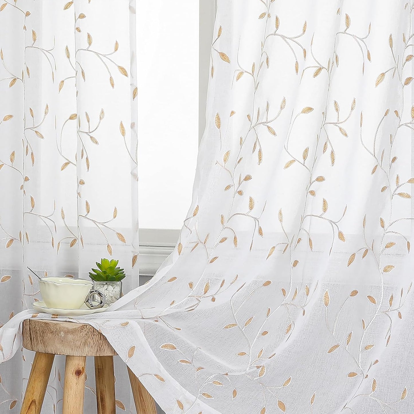 VISIONTEX White Sheer Voile Curtains, Decorative Orange Leaves Embroidery Faux Linen Rod Pocket Window Drapes for Home Kitchen, Living Room and Bedroom 54 x 84 Inch, Set of 2 Curtain Panels