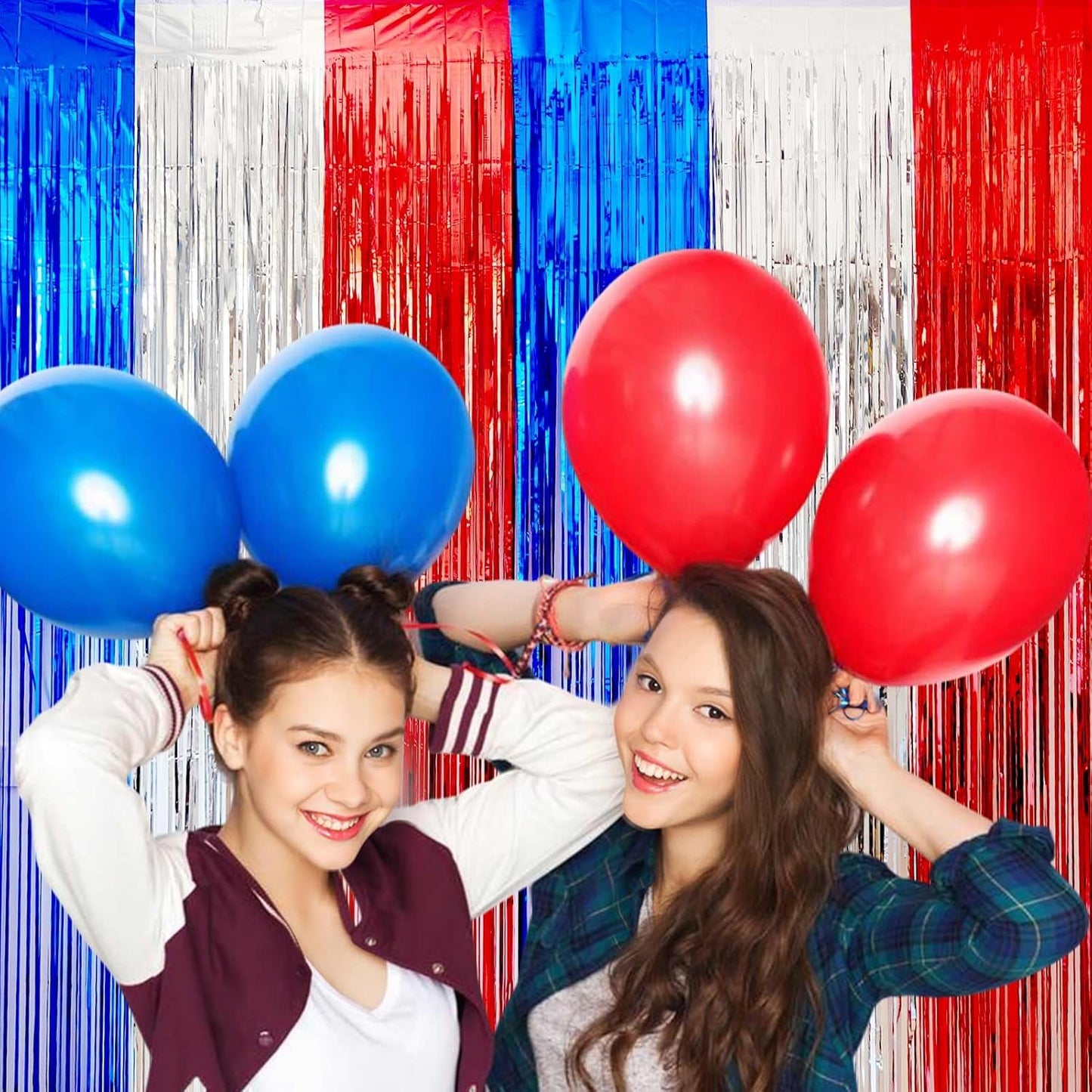 4th of July Decorations- 4 Pack of 3.2x8.2ft Red Silver Blue Tinsel Foil Fringe Curtains for Patriotic Party Memorial Day Independence Day Party Backdrop