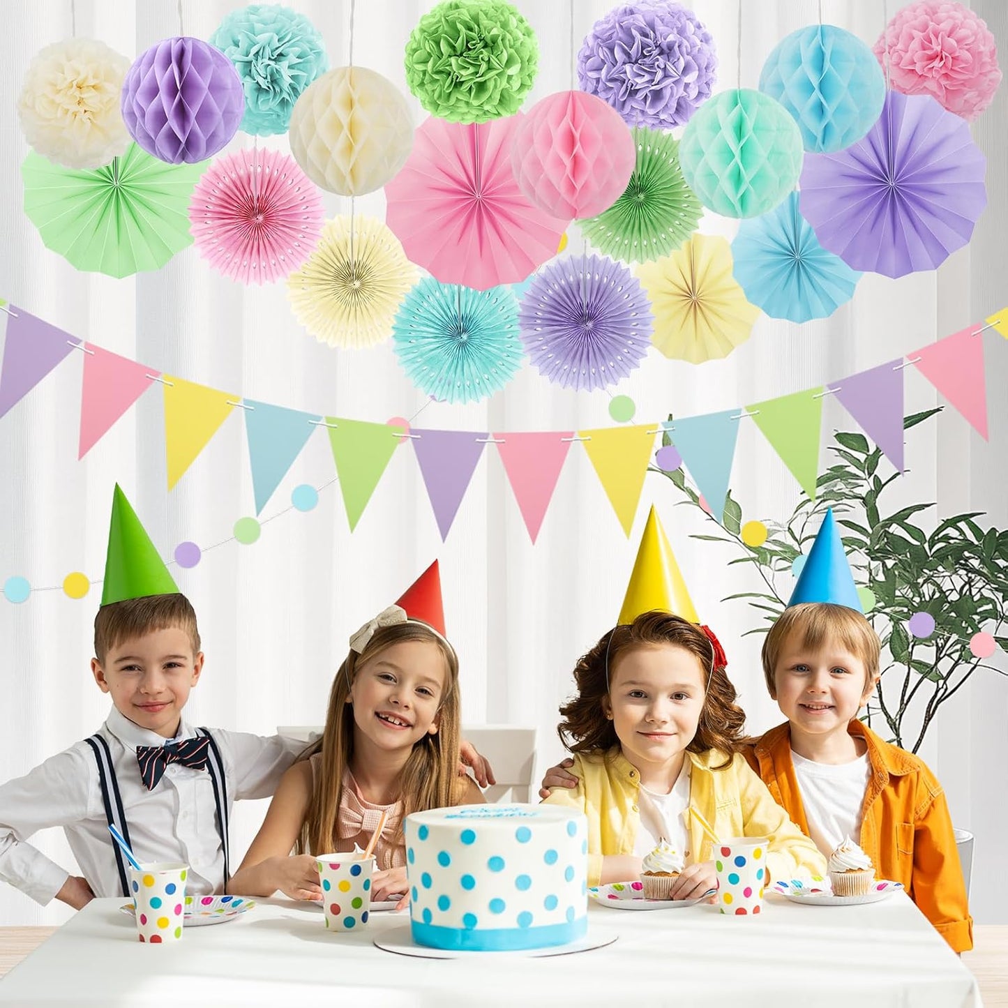Pastel Party Decorations, 24Pcs Birthday Classroom Baby Shower Decor with Hanging Paper Fans, Pom Poms Flowers Packs for Girls Kids Birthday Rainbow Party, Macaron Carnival Theme Hanging Supplies