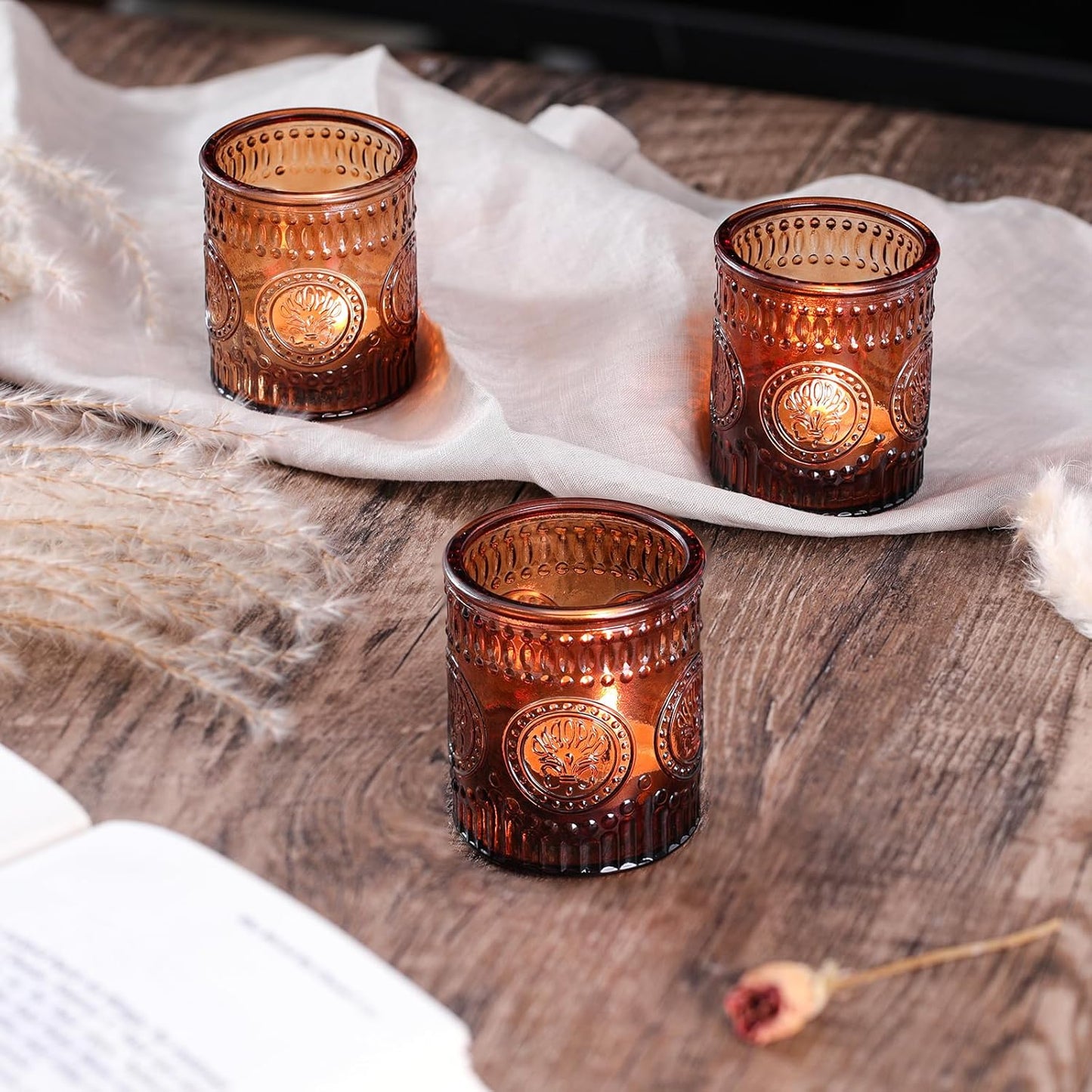 24 Pcs Amber Votive Candle Holders, Glass Tealight Candle Holders for Home Decor, Wedding Table Centerpiece, Birdal Shower, Party