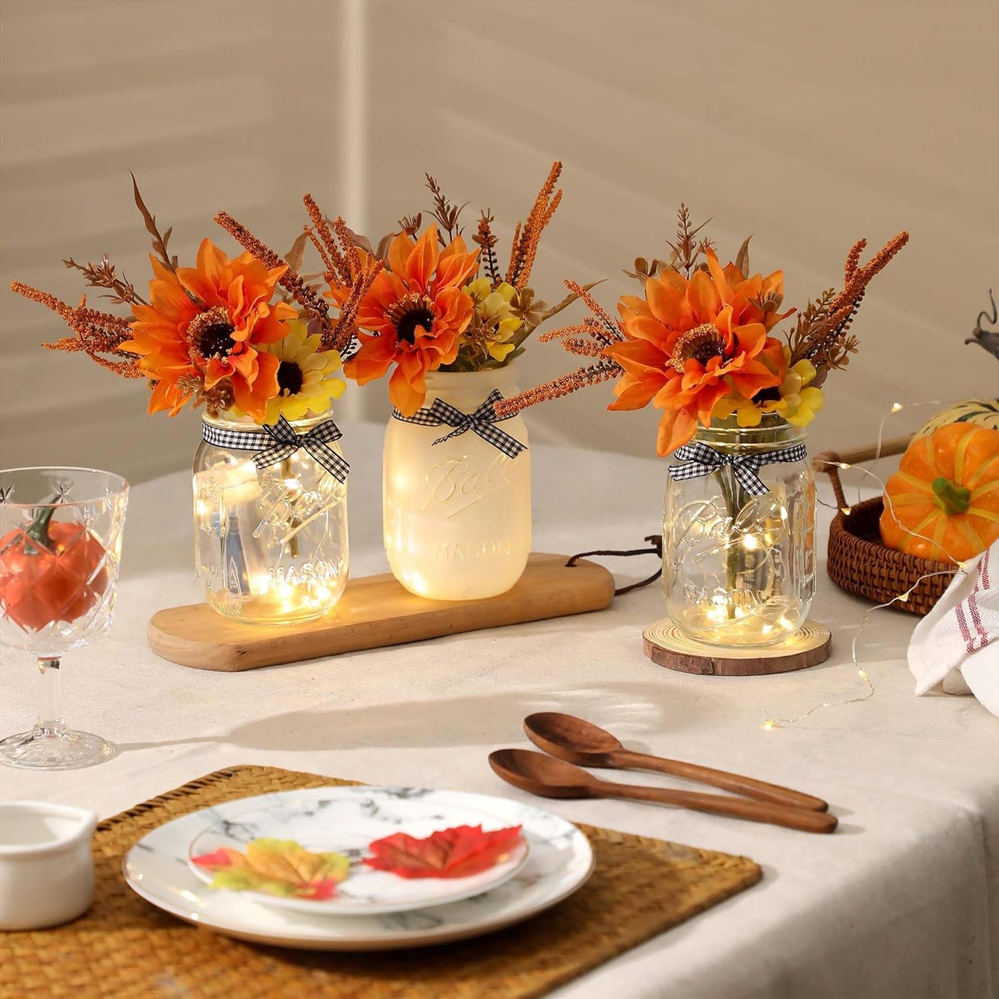 Thanksgiving Mason Jar Centerpiece for Table with LED Lights & Artificial Flowers, Set of 3 Mason Jars Farmhouse Painted Decorative Jars for Fall Home Decor, Kitchen Table Centerpiece