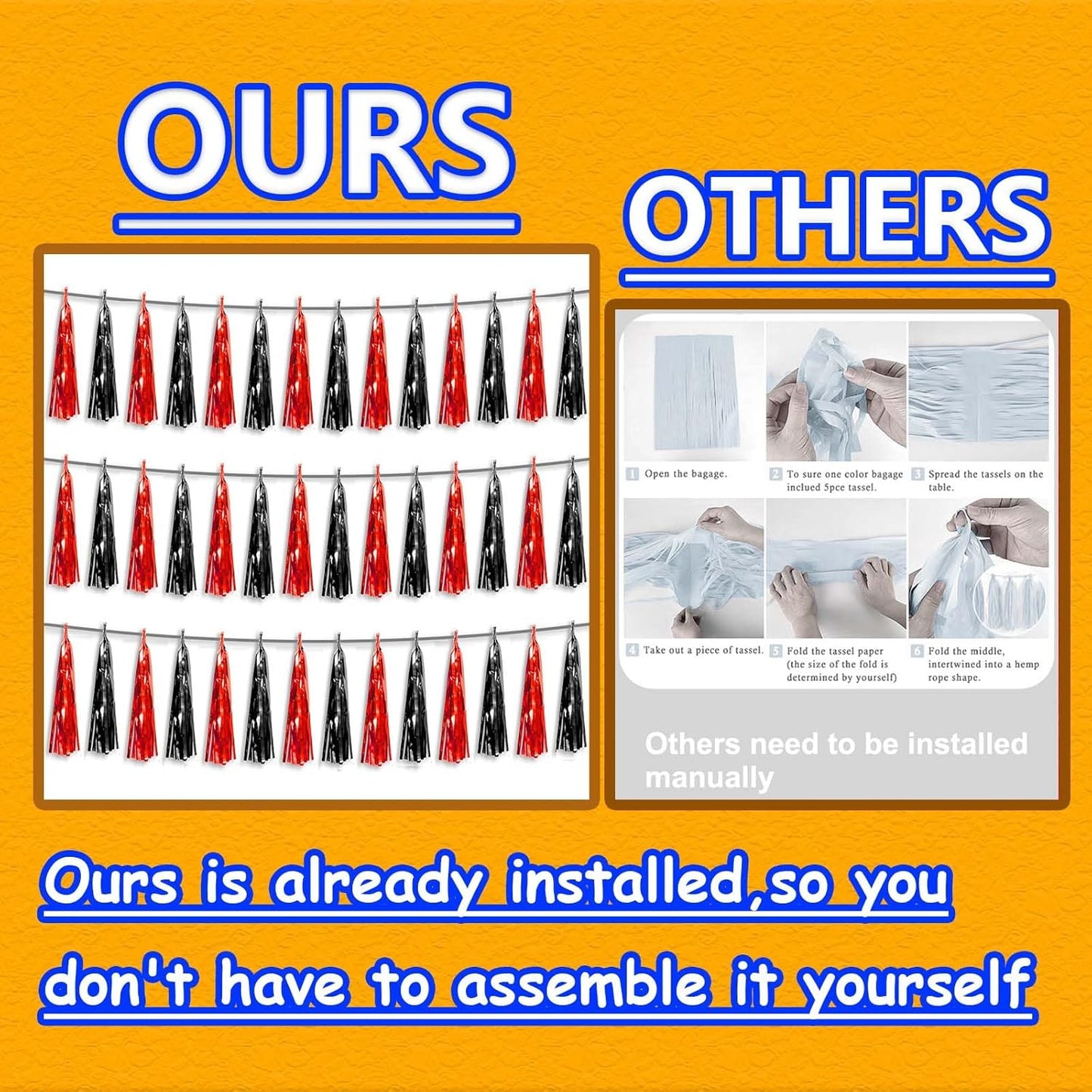 3P Metallic Fringe Tassel Banner Garland Foil Tinsel Streamer Wall Hanging Curtain Backdrop Banner for Parade Floats, Halloween Decorations, Christmas Day Party Decoration(Black red)