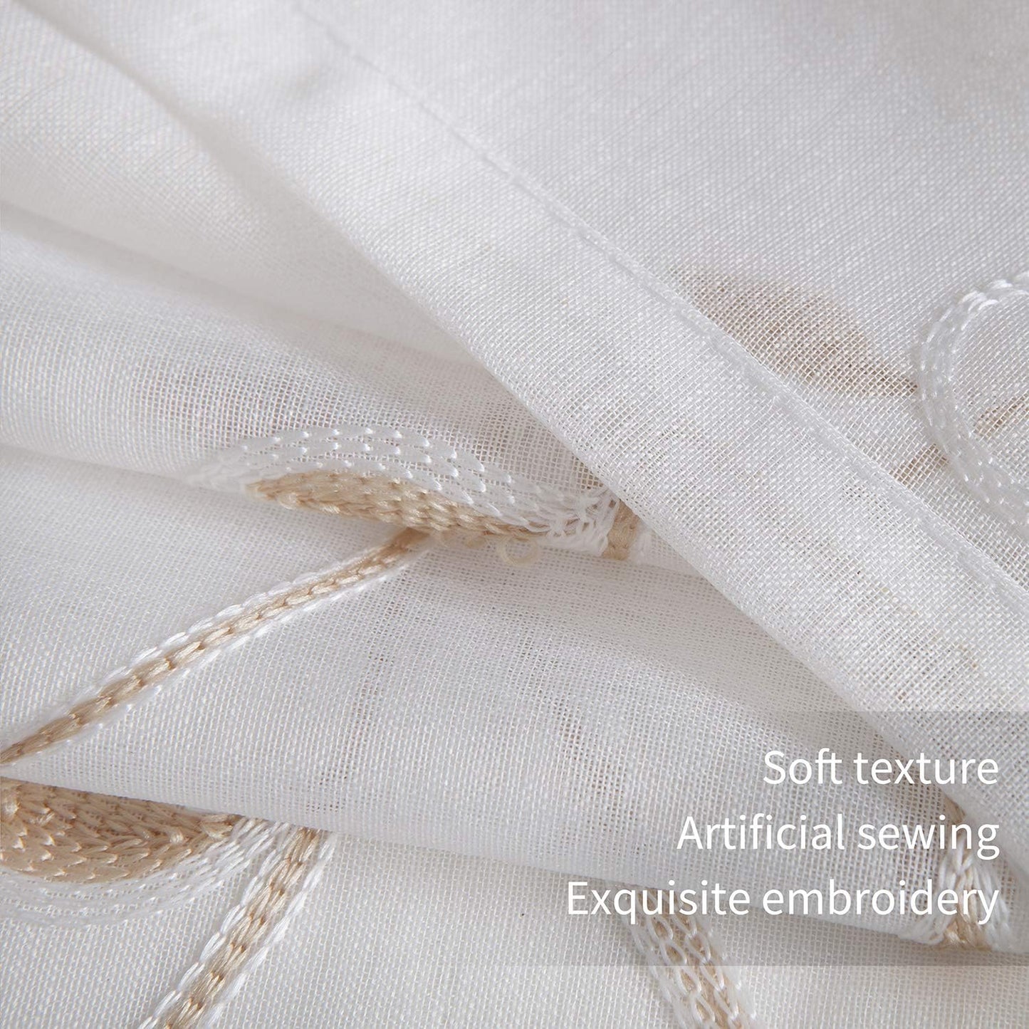 VISIONTEX White Sheer Voile Curtains, Decorative Beige Leaves Embroidery Faux Linen Rod Pocket Window Drapes for Home Kitchen, Living Room and Bedroom 54 x 95 Inch, Set of 2 Curtain Panels