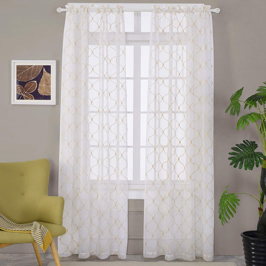 MYSTIC-HOME Embroidery Gold Sheer Curtains 84 Inches Long, Rod Pocket Sheer Drapes for Living Room, Bedroom, 2 Panels, 52"x84", Semi Crinkle Voile Window Treatments for Yard, Patio, Villa, Parlor.