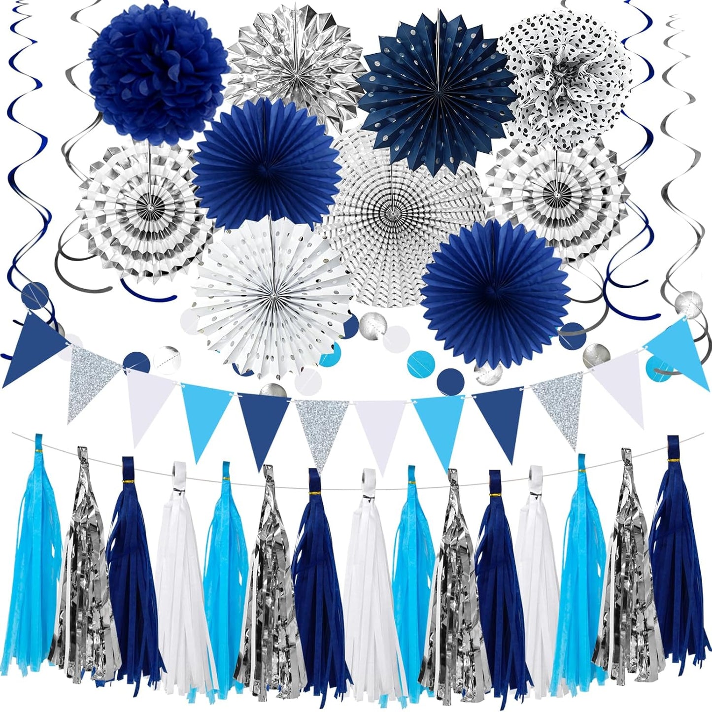 Navy-Blue White Silver Graduation Party-Decorations 33pcs Kits Banner, Paper Lantern Fans,Tissue Pom Poms Honeycomb, Streamers Tassel Garland,Bridal Shower Birthday Wedding Bachelorette Decor