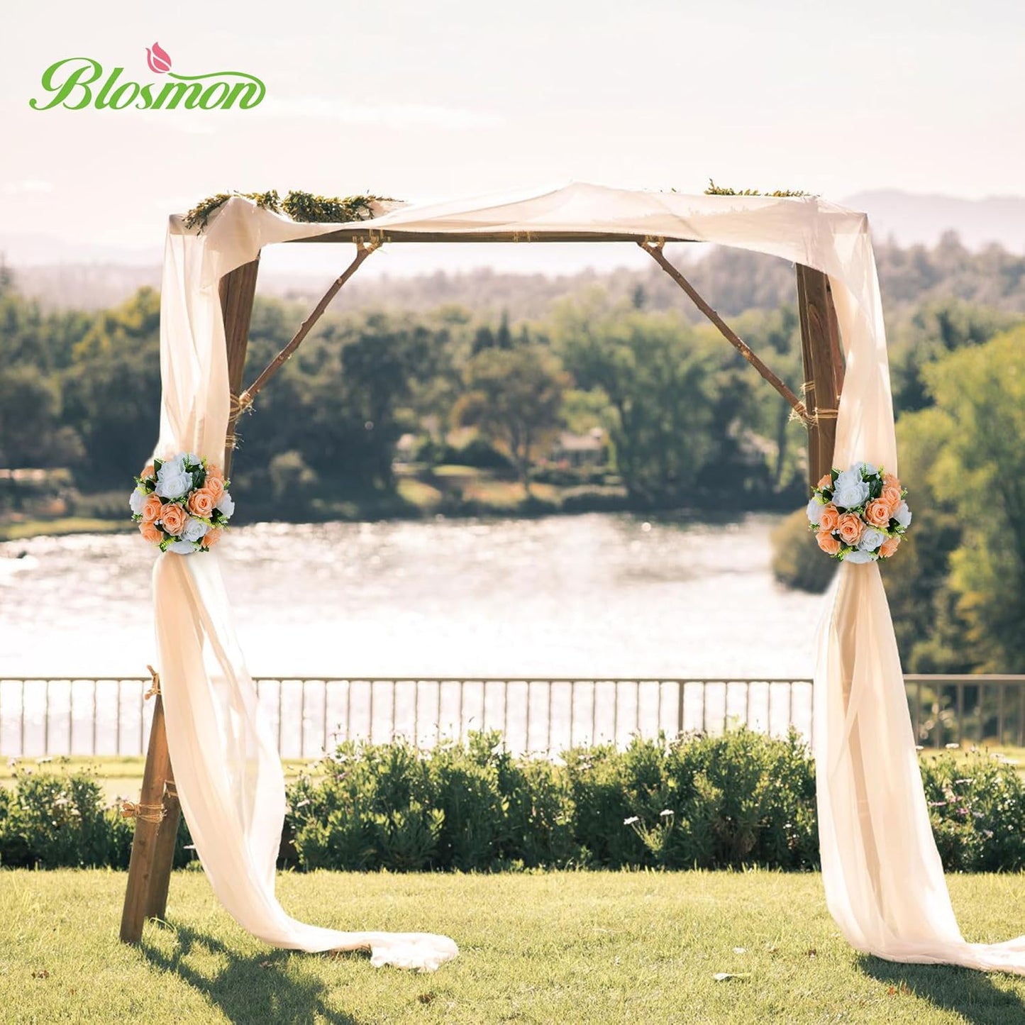 BLOSMON Rose Flower Balls Centerpieces: 6pcs 9.5 Inch Peach Fuzz Fake Flowers Kissing Balls Decor Artificial Wedding Floral Arrangements Silk Bouquet with Base Home Party Room Table DIY Decorations