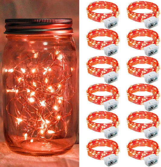 12 Pack Red Fairy Lights 7Ft 20 LED Twinkle String Lights 3 Modes Battery Operated Waterproof Firefly Starry for Mason Jar Party Wedding Christmas Valentines Day Table Centerpieces