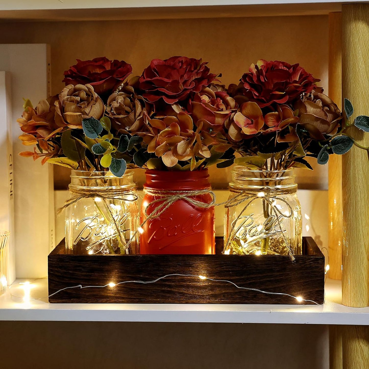 Fall Mason Jar Lights Centerpieces, Thanksgiving Centerpiece for Table, Coffee Table Decorative Jars with Wood Tray Fairy Lights Fake Peony Flowers for Dining Room Kitchen Living Decor - Orange
