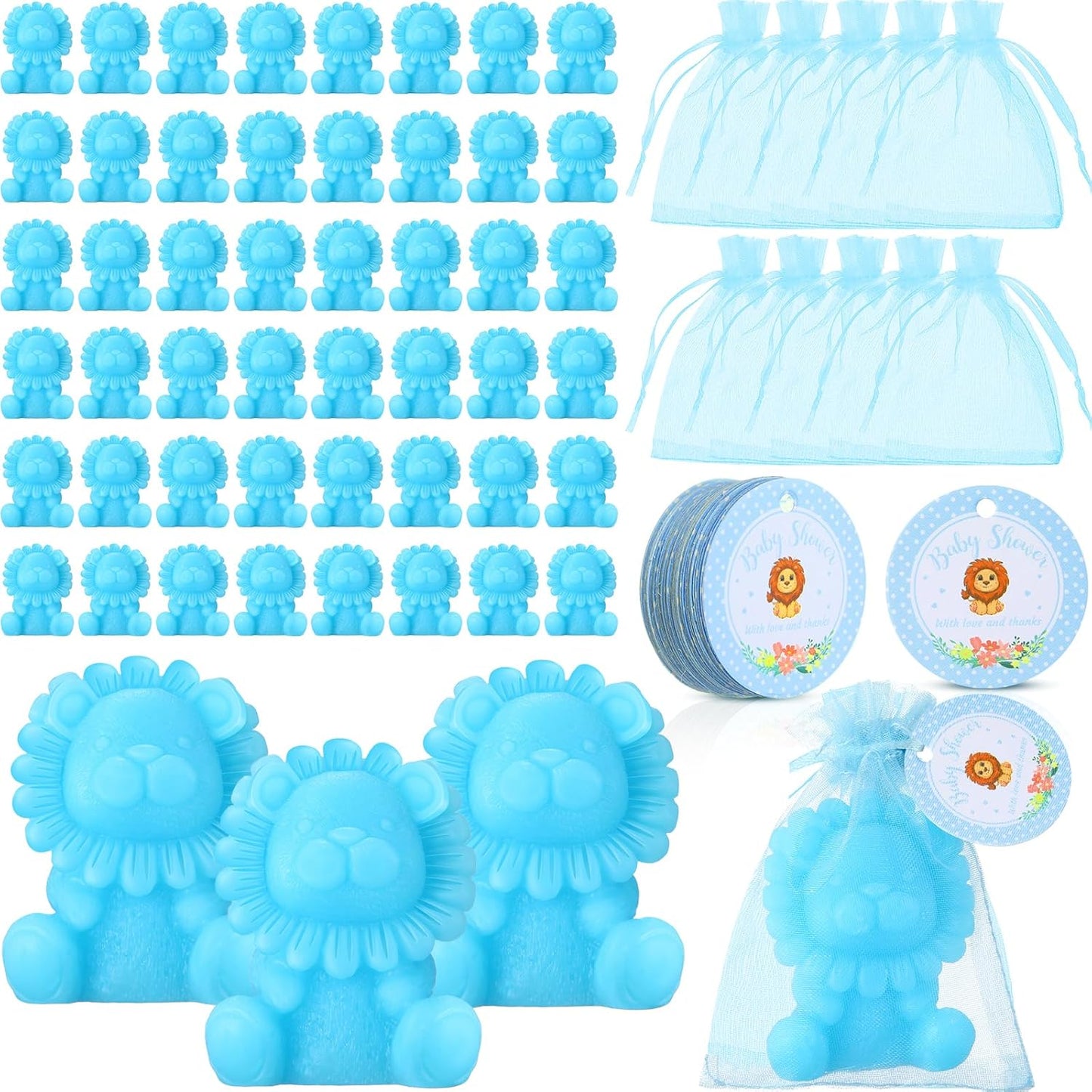 50 Sets Lion Soap Baby Shower Favors Handmade Safari Baby Shower Favors for Guests Soaps with Organza Bags Thanks Tags Wedding Party Guests